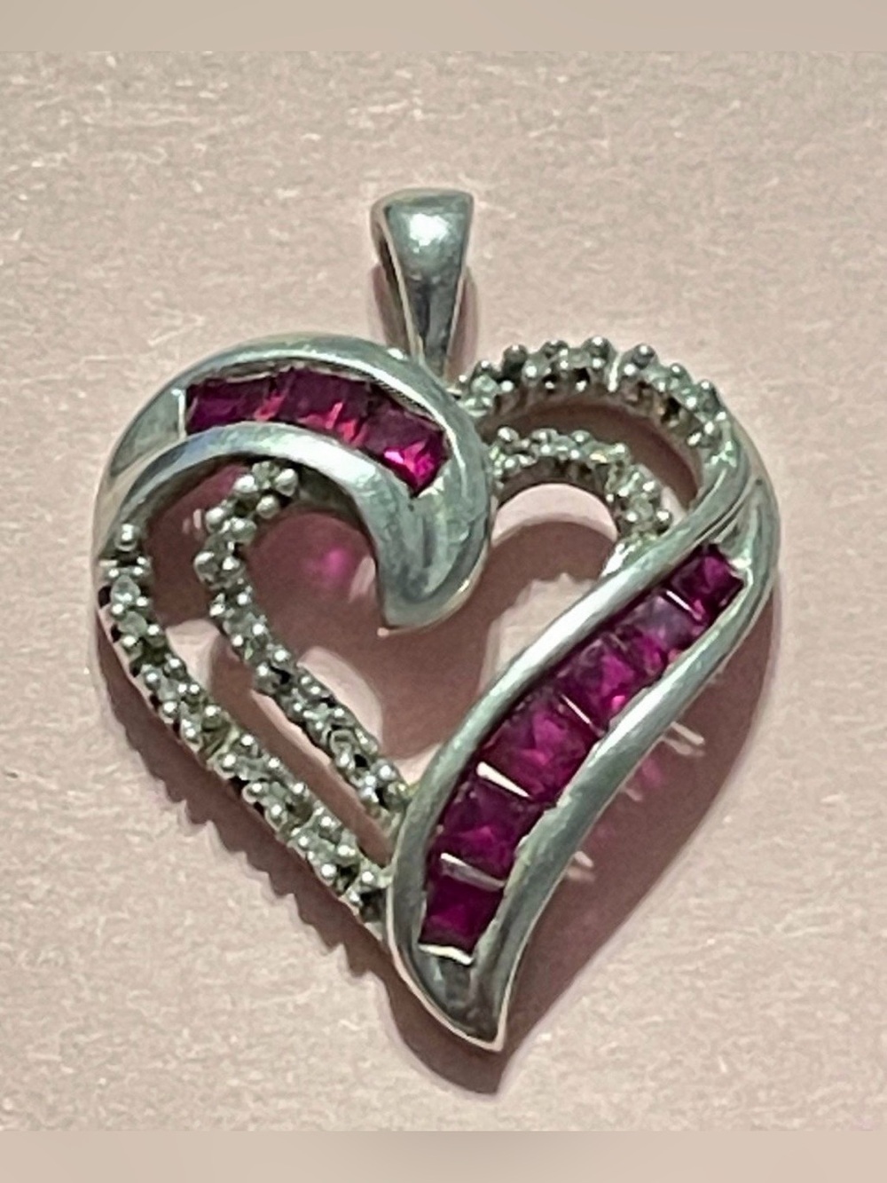 Sterling Silver Synthetic Princess Ruby & Diamond Open Heart Pendant #7788 💎